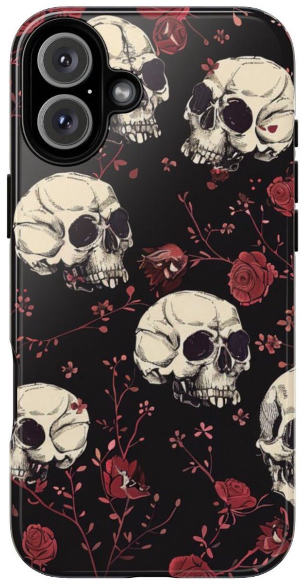 Schedels en Rode Rozenpatroon – Telefoonhoesje Geschikt voor iPhone 16 Plus