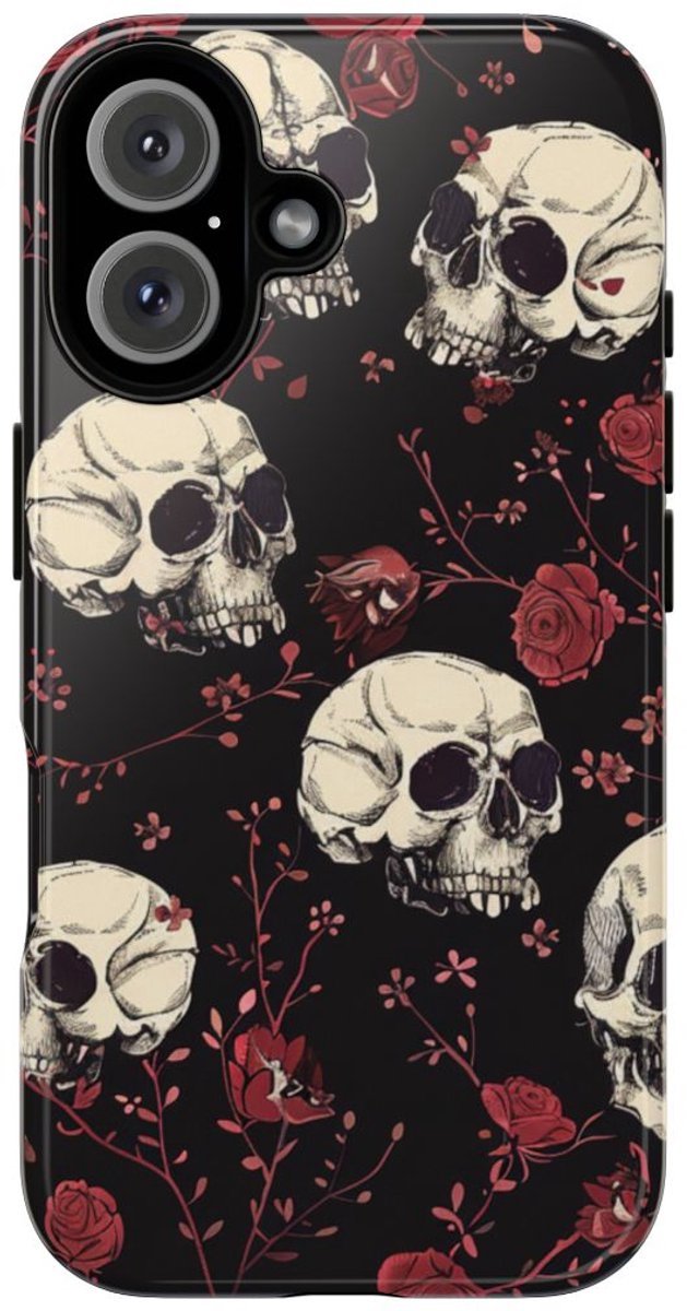 Schedels en Rode Rozenpatroon – Telefoonhoesje Geschikt voor iPhone 16