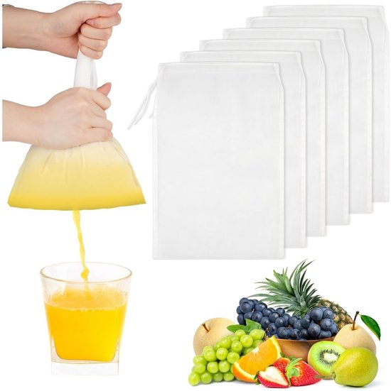 Sac filtrant Dussdote - Tissu filtrant fin - Sac pour lait de noix - Réutilisable - Avec cordon de serrage - Pour lait de noix, fromage, café, yaourt, jus - Nylon - 20 x 30 cm - Lot de 6
