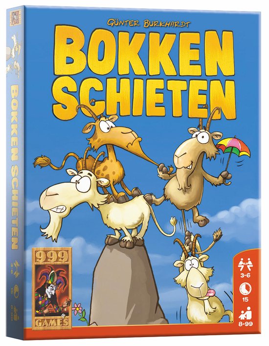 Speldoos Bokken Schieten met vrolijke geiten op een berg. Met speelindicaties 3-6, 15, 8-99.
