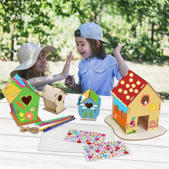 Sunshine smile 4 stuks vogelhuis, knutselen, vogelhuis, bouwpakket voor kinderen, knutselset voor kinderen 4 jaar, creatieve knutselsets, houten puzzel maakset, vogelbak, knutselen, cadeaus voor