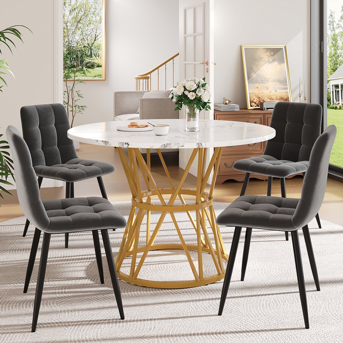 Pugsdrly Eettafelset (5-delig), eettafelset met 4 stoelen, moderne eettafelset voor de keuken, ronde keukentafel met een diameter van 100 cm, metalen poten, marmeren MDF-blad, eetkamerstoelen van grijs fluweel