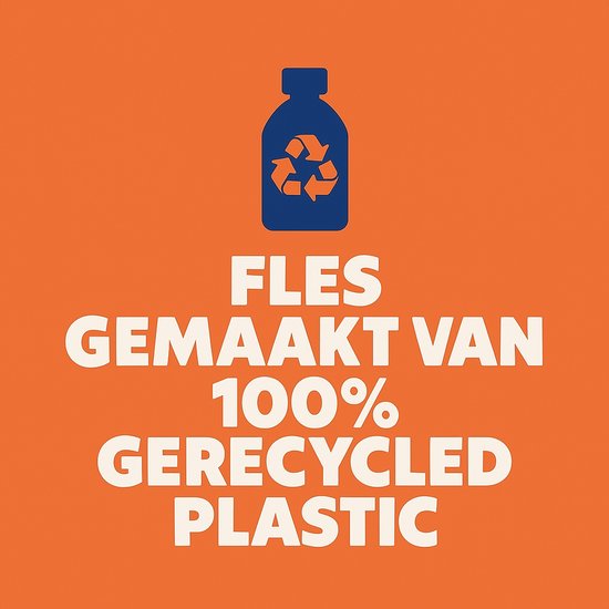Oranje achtergrond met een blauwe fles met recycling symbool. Tekst: FLES GEMAAKT VAN 100% GEREÇYCLED PLASTIC.