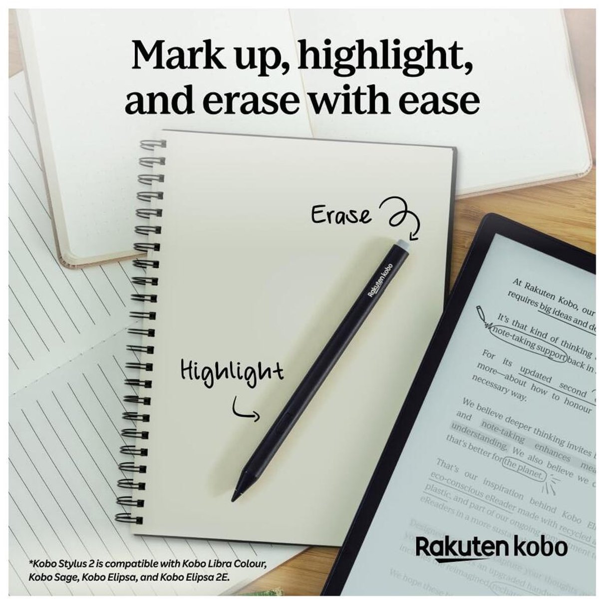 Kobo Stylus 2 pen - Zwart - Oplaadbaar - Gum - voor Libra Colour | bol