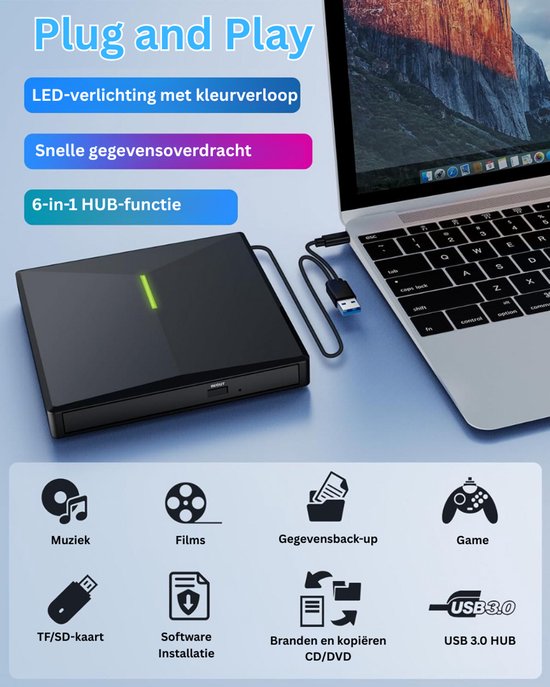 Externe DVD Speler voor Laptop - CD Brander - Plug & Play — afbeelding 2