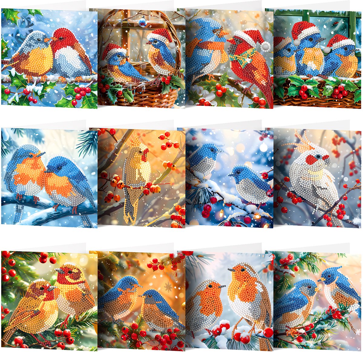 Adorzy Diamond Painting Kerstkaarten - Vogels - 12 stuks - 15x15 cm