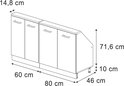 Technische tekening van een grijze kast van 71,6 cm hoog met schuine achterkant, 4 deuren en afmetingen.