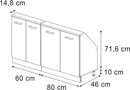 Technische tekening van een grijze kast van 71,6 cm hoog met schuine achterkant, 4 deuren en afmetingen.