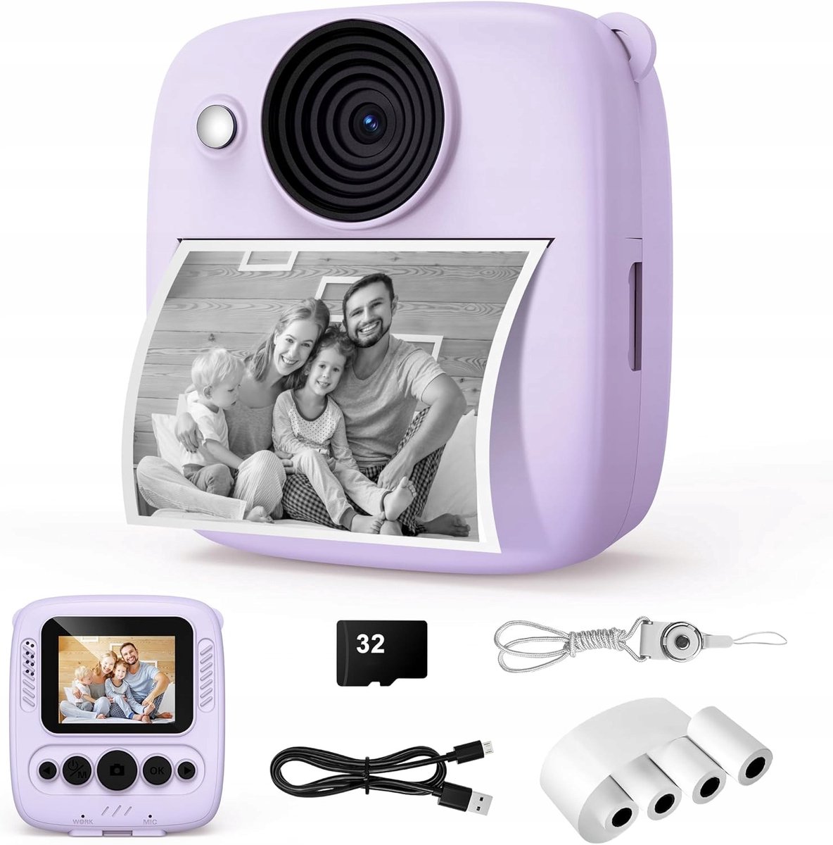 Kids Print Camera - instant camera kinderen - Fotoprinter kind - Wordt geleverd met 32 GB geheugenkaart - 48 MP 1080P - 16x digitale zoom - Thermische printtechnologie - Perfect cadeau voor kinderen