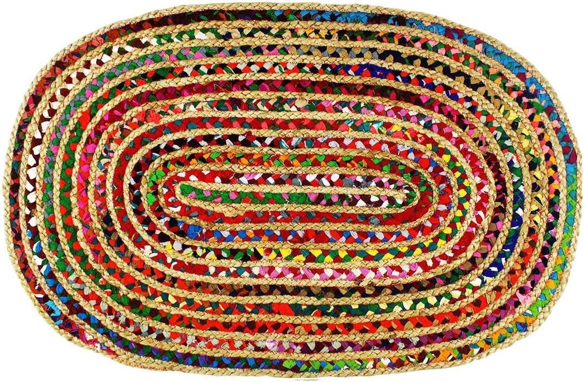Ibenzoa® Kleurrijk en veelzijdig boho tapijt van jute, omkeerbaar en handgeweven voor elke kamer, 90 x 150 cm