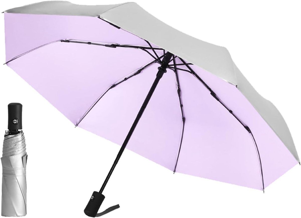 ByShane - Compacte paraplu met automatische opening en sluiting - Zilveren coating - UV-bescherming - Geschikt voor reizen - Voor mannen, vrouwen en tieners