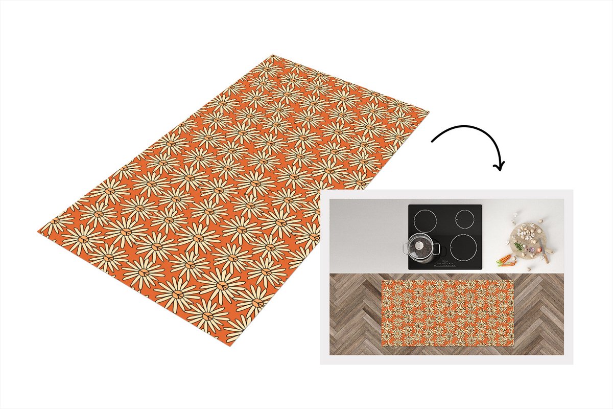 KitchenYeah Keukenloper 120x60 cm - Keukenmat vinyl Patronen - Vintage - Bloem - Oranje - Keukenmatten loper - Keuken vloerkleed tapijt Vintage - Bloemen