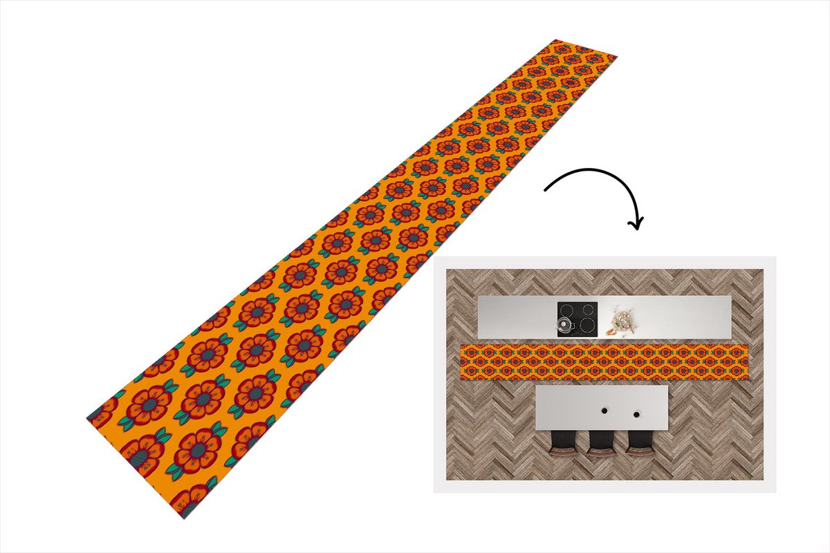 Keukenloper 480x60 cm - Keukenmat vinyl Design - Retro - Rozen - Oranje - Keukenmatten lop