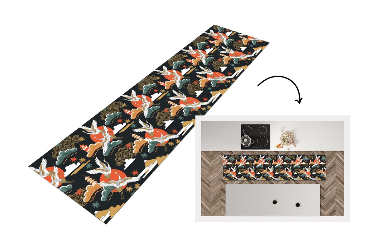 KitchenYeah Keukenloper 240x60 cm - Keukenmat vinyl Kraanvogel - Wolken - Japan - Patroon - Keukenmatten loper - Keuken vloerkleed tapijt