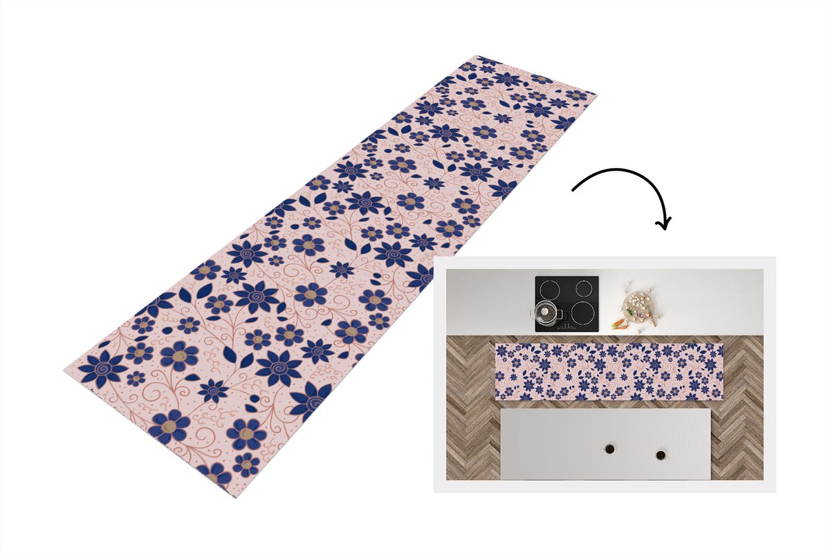 KitchenYeah Keukenloper 200x50 cm - Keukenmat vinyl Bloemen - Blauw - Japan - Patronen - Keukenmatten loper - Keuken vloerkleed tapijt