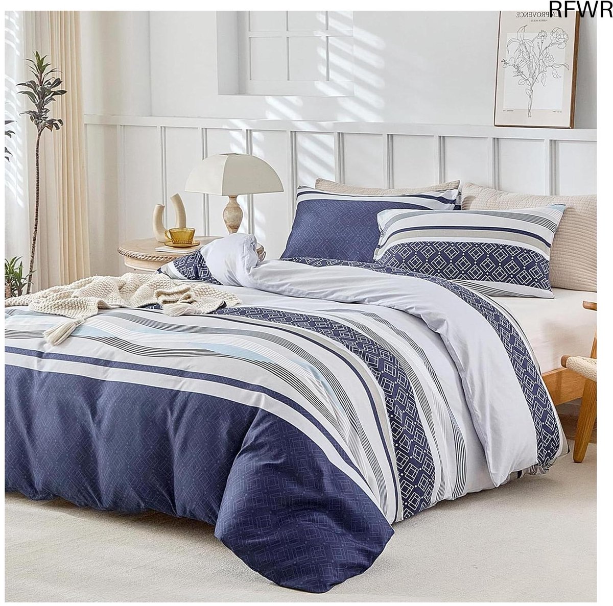 RFWR Dekbedovertrek Set voor Tweepersoonsbed 200x200 cm - 3-Delige Microvezel met Bohemian Patroon StrepenBlauw