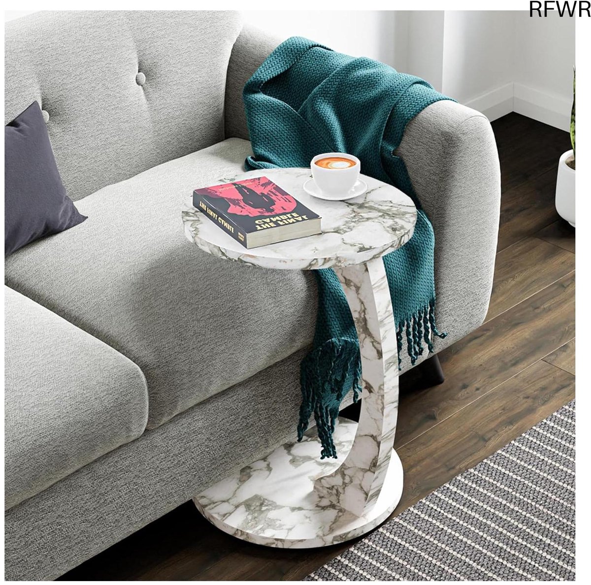 RFWR® Bijzettafel C-vormig marmerlook wit verrijdbaar 56x38 cm