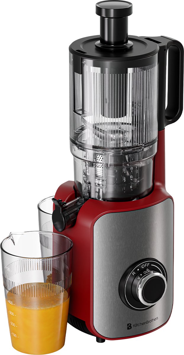 KitchenBrothers Slowjuicer - Sapcentrifuge - XXL Vulopening - Verticaal - Juicer - Groenten en Fruitpers - 126 mm - 750 ml - Rood