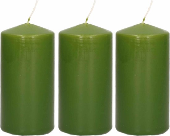 3x Olijfgroene cilinderkaarsen/stompkaarsen 5 x 10 cm 23 branduren - Geurloze kaarsen olijf groen - Woondecoraties