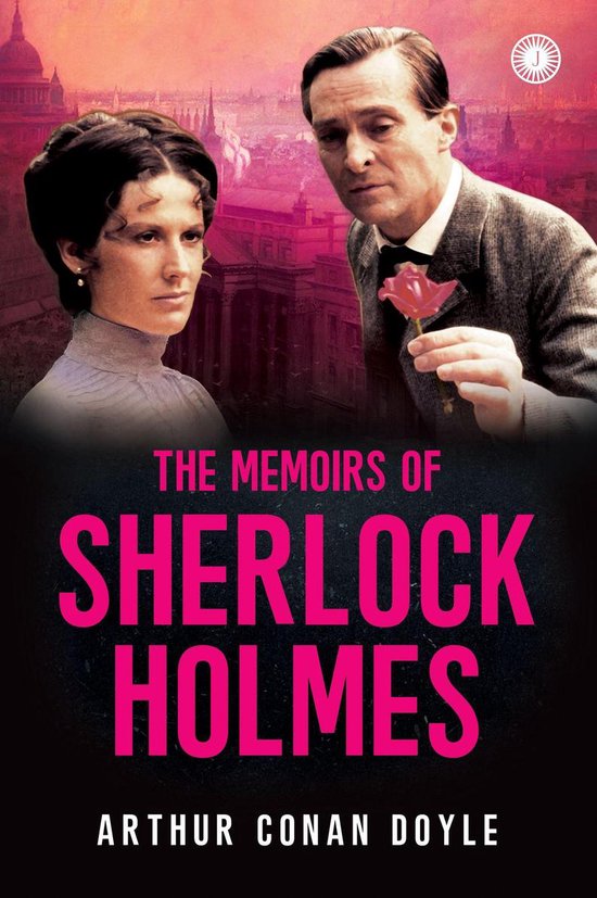 De kaft van "The Memoirs of Sherlock Holmes" met een afbeelding van een man en een vrouw met Londen op de achtergrond.