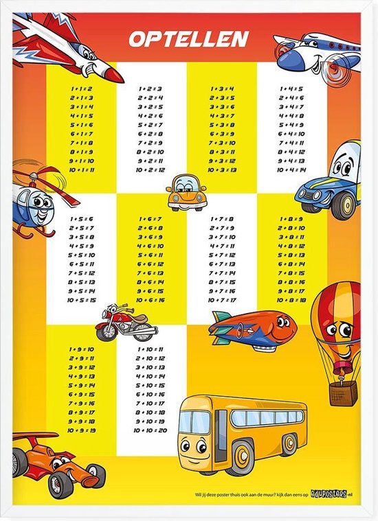 Educatieve poster (Posterpapier) - Rekenen optellen cars & planes geel - 50 x 70 cm (B2)