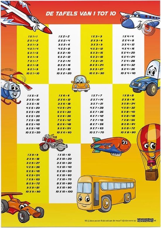 Educatieve poster (Posterpapier) - Rekenen tafels cars & planes geel - 50 x 70 cm (B2)