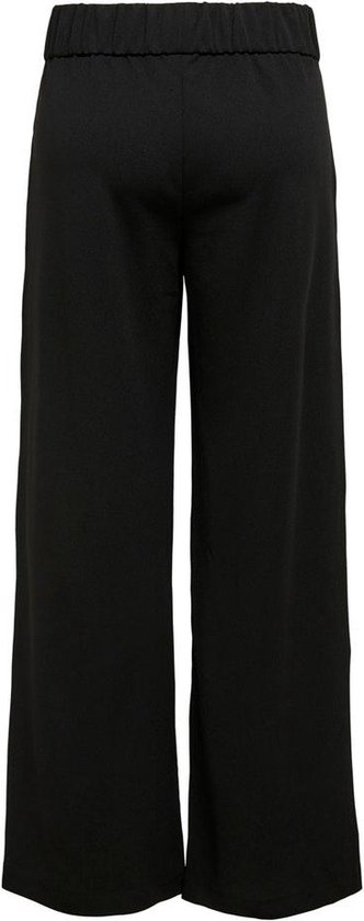 Zwarte wijde broek met elastische tailleband aan de achterkant.