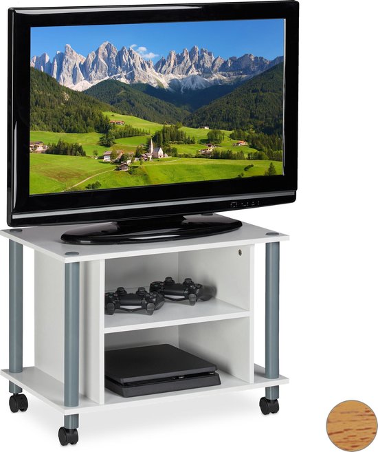 Relaxdays tv-kast verrijdbaar tv meubel - 4 wielen - 2 vakken -  televisietafel - wit | bol.com