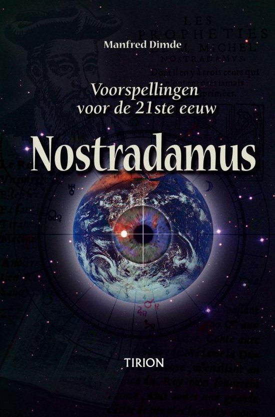 Boekomslag met de titel 'Nostradamus Voorspellingen voor de 21ste eeuw'. Centraal staat een oog in een aardbol, omringd door sterren en astrologische symbolen.