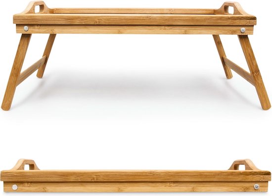 Bamboe bedtafel, in uitgeklapte en ingeklapte toestand.