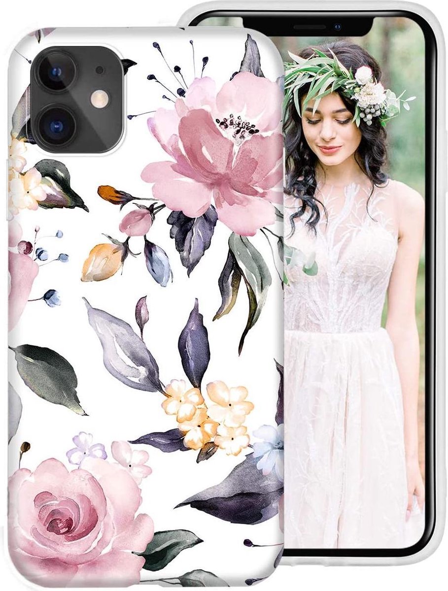 Geschikt voor Apple iPhone 11 Backcover - Wit / Roze - Bloemen - Soft TPU Hoesje