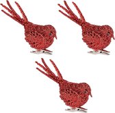 6x Kerstboomversiering glitter rode vogeltjes op clip 12 cm - Kerstboom decoratie vogeltjes