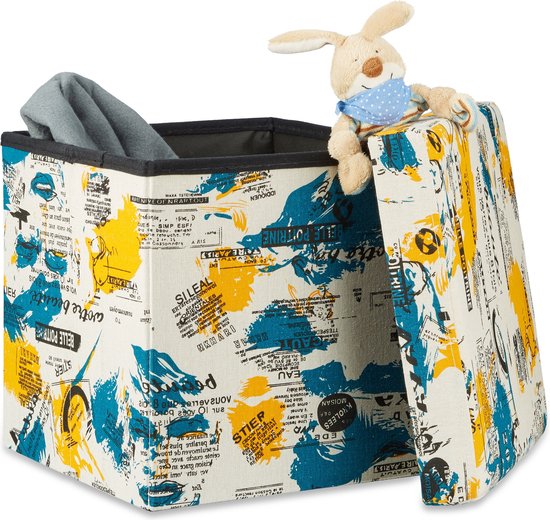 Relaxdays gepolsterde zitkruk met opslagruimte, opvouwbaar, HBD: 38 x 38 x 38 cm, gestreepte hocker, poef, blauw-wit