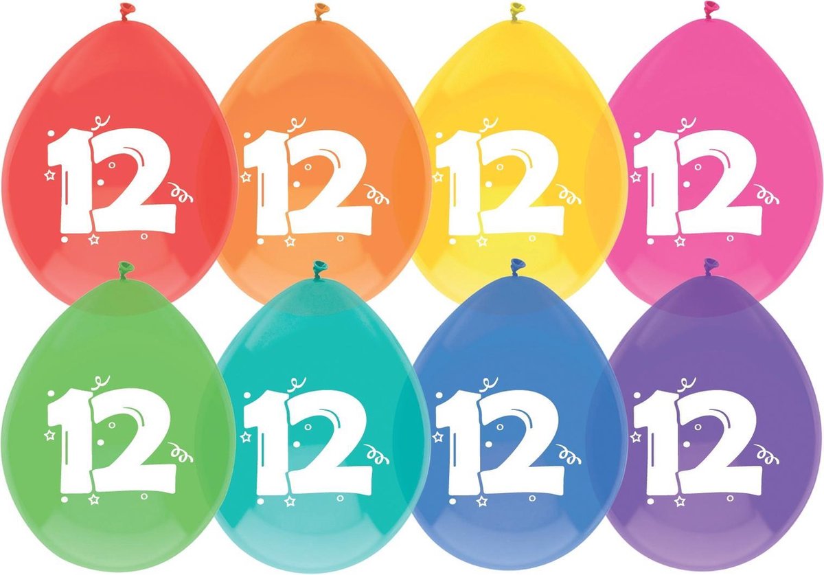 Ballon 12 jaar frisse kleuren 8 stuks