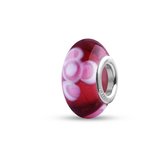 Quiges - Glazen - Kraal - Bedels - Beads Rood met Roze Witte Bloemen Past op alle bekende merken armband NG546
