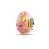 Quiges - Glazen - Kraal - Bedels - Beads Goud met Roze Sterretjes Past op alle bekende merken armband NG1998