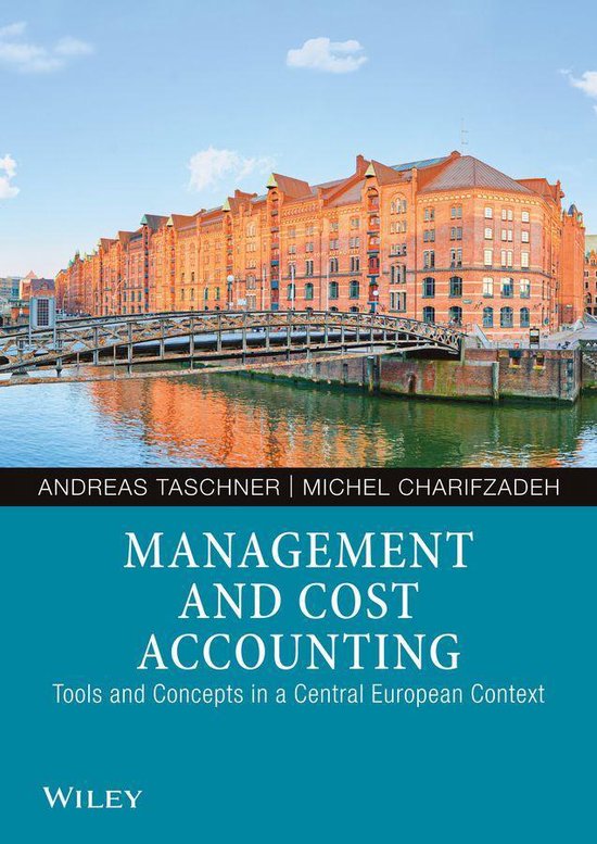 Livre 'Management and Cost Accounting' par Andreas Taschner et Michel Charifzadeh, édité par Wiley, avec une vue de ville en arrière-plan.