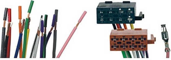 Set van ISO-connectoren met veel gekleurde draden, één zwarte en één bruine connector en één female connector.