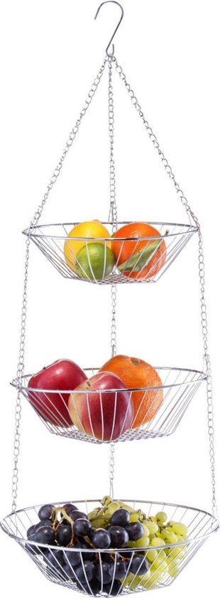 Foto: Zilveren ronde fruitschaal 3 laags hangend 72 cm keukenaccessoires benodigdheden fruitschalen fruitmanden fruitschalen van metaal