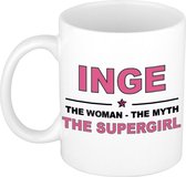 Naam cadeau Inge - The woman, The myth the supergirl koffie mok / beker 300 ml - naam/namen mokken - Cadeau voor o.a verjaardag/ moederdag/ pensioen/ geslaagd/ bedankt