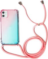 Telefoonhoesje met Koord | iPhone 11 Pro Max | Telefoonkoord | Hoesje met Koord | Backcover met Koord | Telefoonketting | Festival Accessoire | Transparant Roze / Turquoise met Roze Koord