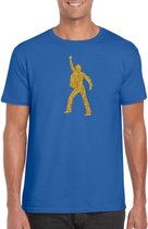 Bellatio Decorations disco verkleed t-shirt voor heren - blauw - gouden glitter - jaren 70/80 S