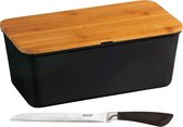 Boîte à pain noire avec couvercle de planche à découper en bambou et couteau à pain 18 x 34 x 14 cm - Plateau de rangement du pain avec couteau dentelé - Planches à Planches à découper