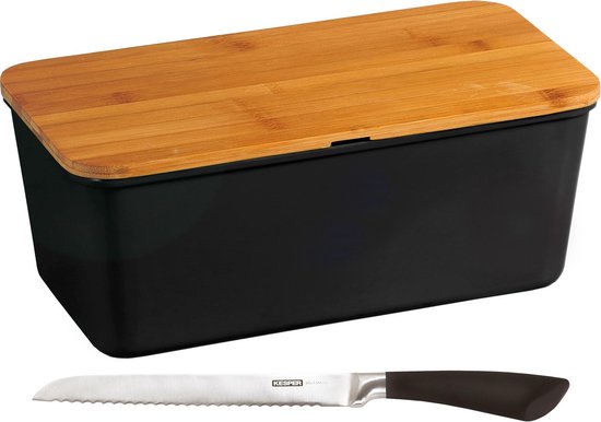 Boîte à pain noire avec couvercle de planche à découper en bambou et couteau à pain 18 x 34 x 14 cm - Plateau de rangement du pain avec couteau dentelé - Planches à Planches à découper