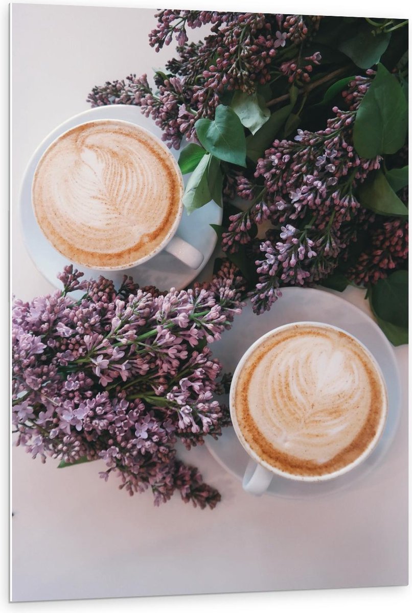 Forex - Twee Kopjes Koffie bij Bloemen - 80x120cm Foto op Forex