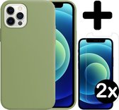 Hoes voor iPhone 12 Pro Max Hoesje Siliconen Case Met 2x Screenprotector Tempered Glass - Hoes voor iPhone 12 Pro Max Hoes Cover Met 2x Screenprotector - Groen