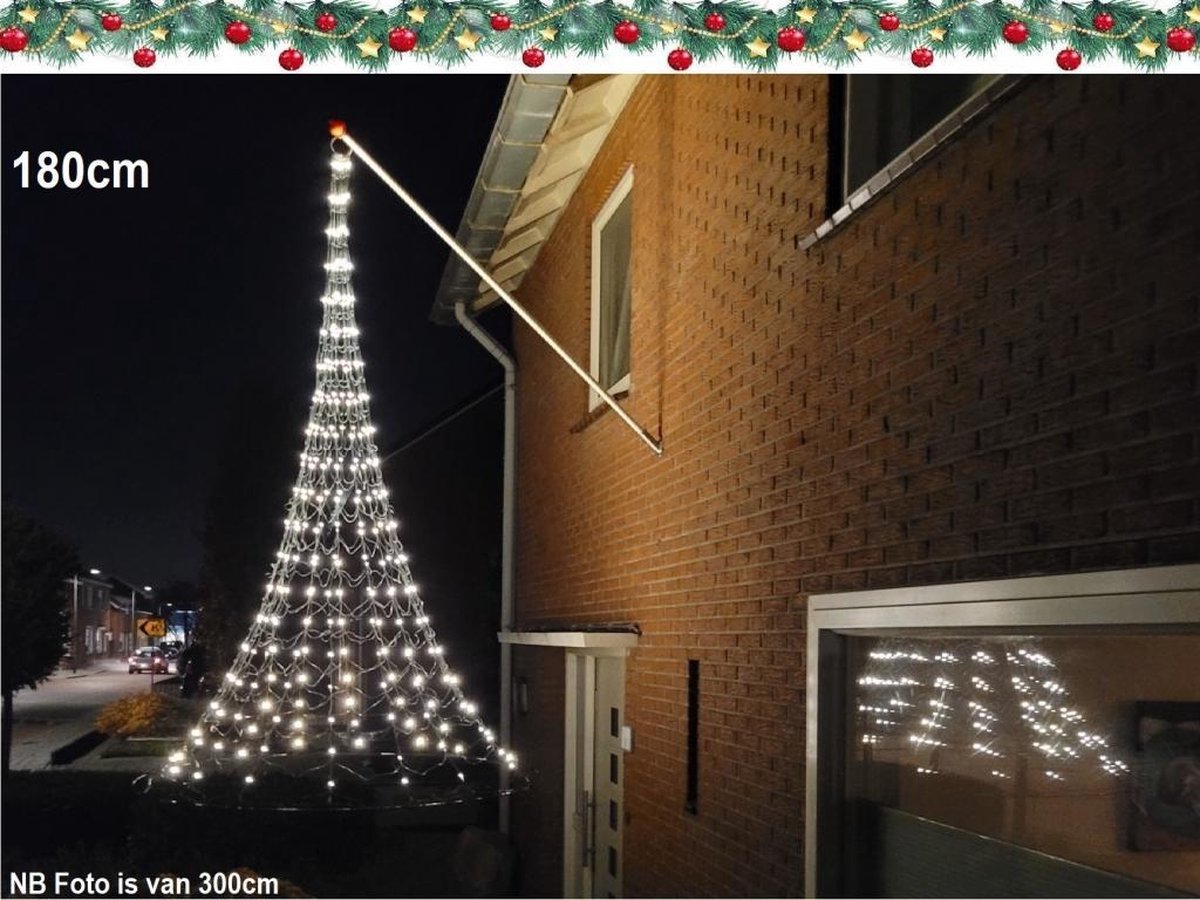 Vlaggenmast kerstverlichting gevel, hangende 3D kerstboom -180 cm - 192 warmwitte LED lampjes, vlaggenmast verlichting buiten en binnen - Beactiff