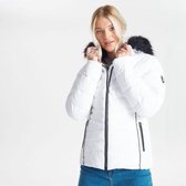 Dare2B Glamorize II, versierd met Swarovski-kristallen - luxe, waterdichte, geïsoleerde, gewatteerde ski-jas met capuchon met rand van imitatiebont voor dames, ademende Outdoorjas, wit