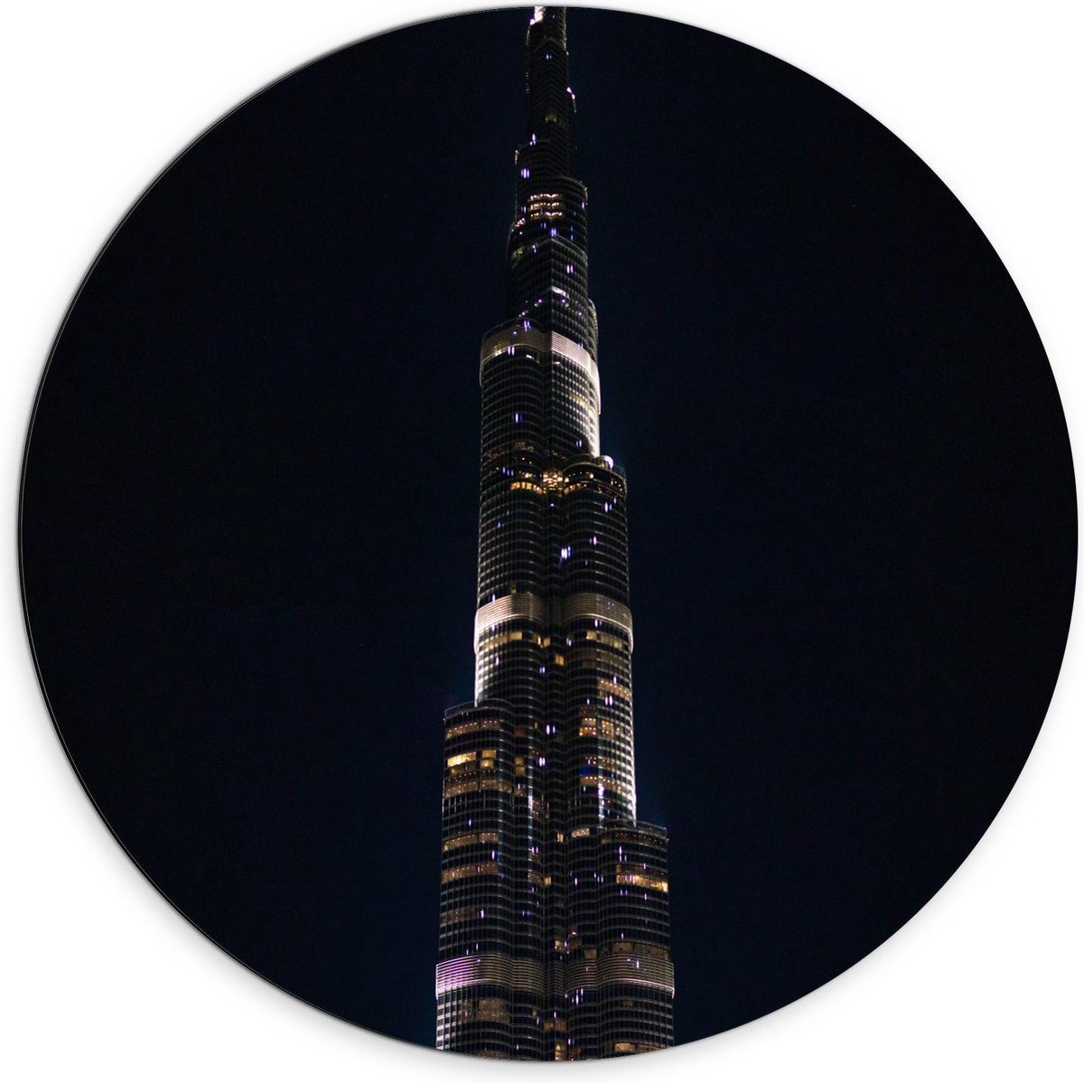 Dibond Wandcirkel - Dubai Fontein in het Donker - 70x70cm Foto op Aluminium Wandcirkel (me