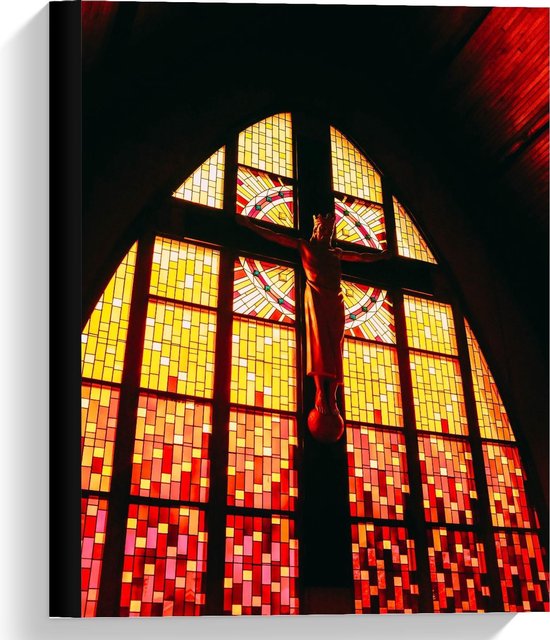 Canvas  - Glas in Lood Raam met Jezus  in Kerk - 30x40cm Foto op Canvas Schilderij (Wanddecoratie op Canvas)
